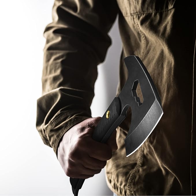 NedFoss Bison 9.8" Tactical Hatchet Axe, Tomahawk Hatchet with Genuine Leather Sheath and G10 Handle, Compact Camping Gear Bearded Axe, Multifunctional Survival Axe with Spike Tools, Camping Axe