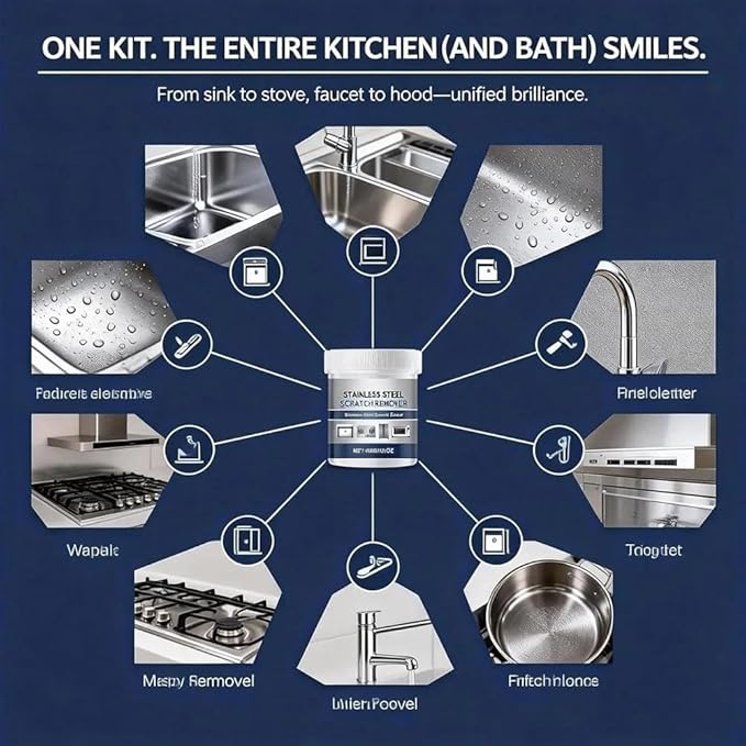 Stainless Steel Scratch Remover Kit, 50% Faster 3-Step Metal Repair and Polishing Paste for Kitchen Sink, Fridge, Oven and Appliances, All-Purpose Stainless Steel Restorer Lasting Protection (1Pcs)
