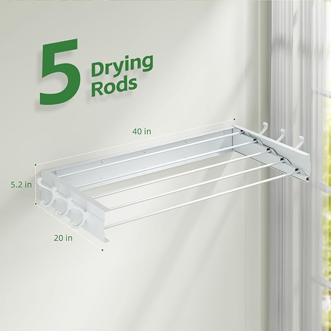 Wall Mounted Drying Rack 40", Foldable Laundry Clothes Drying Rack with 6 Towel Hooks and 5 Rods for Hanging Clothes, Space Saving for Indoor Outdoor Bathroom Balcony Laundry Room(40")