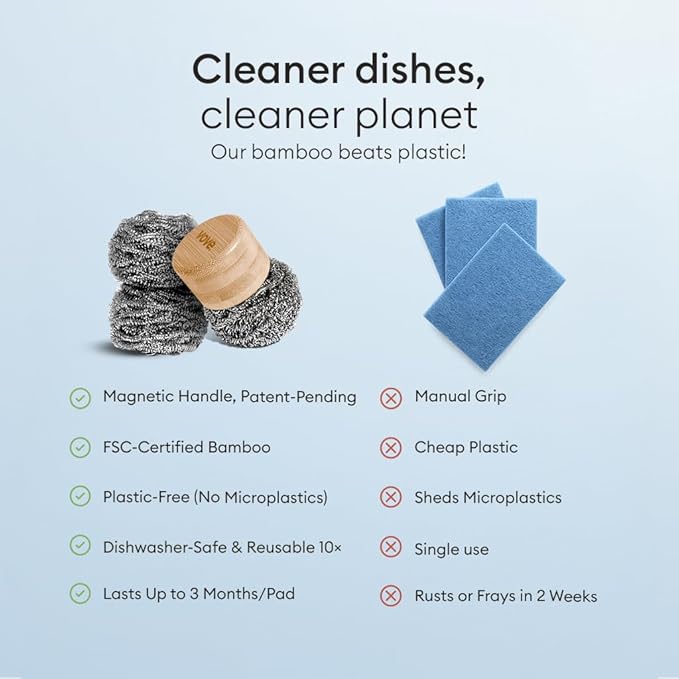 Vove Magnetic Scourer, Stainless Steel Scrubber with FSC-Certified Bamboo Handle, 3 Replacement Pads, Neodymium Magnet, for Cast Iron, Pots & Pans, Griddles, Grills, Plastic-Free Eco-Friendly Cleaner