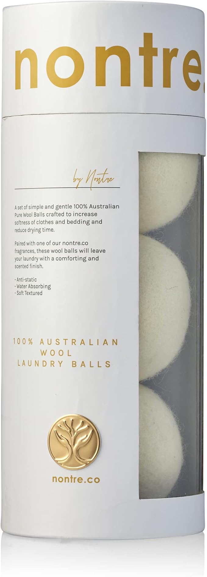 Nontre, Wool Laundry Dryer Balls, Shortens Drying Time, Reduces Energy Usage, Eliminates Residue from Fabric Softeners, 100% Australian Wool, 3 Pcs
