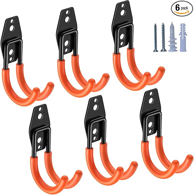 Heavy Duty Garage Hooks 6 Pack, J Shaped Hanger, Wall Mounted Storage System, Power and Garden Tool Organizer, for Hanging Ladders, Bikes Tires, Hose, Bulk Items