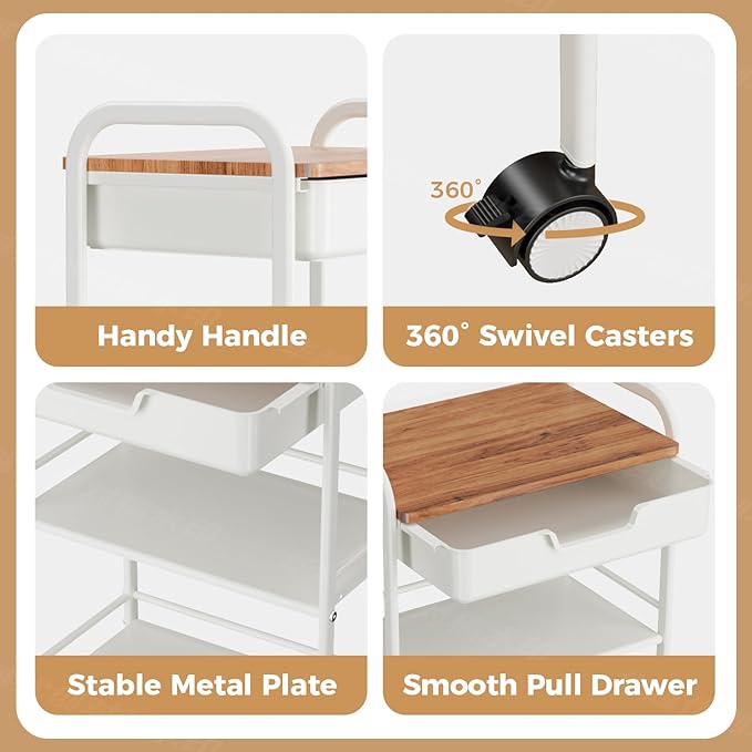 3 Tier Rolling Cart with Drawer, Metal Rolling Storage Cart with Table Top, Modern Utility Cart on Wheels Kitchen Cart Storage Organizer for Bathroom Office Living Room, White