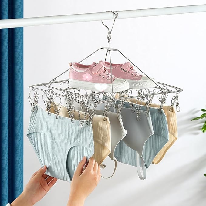 2 Pack Stainless Steel Sock Drying Rack with 80 Clips,360° Rotatable Windproof Hook Clothes Hanger Rack for Herb,Bras,Underwear,Baby Clothes,Hat,Scarf,Pants,Gloves,Towel and Laundry Accessories