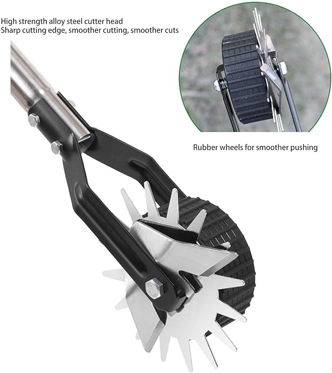 Wheeled Lawn Edger, Hand Garden Edger with Stainless Steel Handle, 26x4.5x15cm, Paint Coated Serrated Blade, for Overgrown Weeds (3 Sections)
