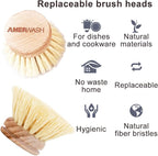 Classic Dish Brush Replacement Head 3 Packs, Natural Bristle Tampico Fiber for All Purpose Cleaning, Kitchen Scrubber