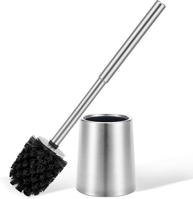 SUS304 Stainless Steel Toilet Brush and Holder Toilet Brush and Cases Bathroom Bowl Cleaning Brush Double Layer Holder Long Brush Handle High Density Bristles Silver