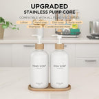 Hand and Dish Soap Dispenser Set,16oz Glass Bottles with Printed Labels, Bamboo Tray & Pump,Countertop Soap Dispensers for Kitchen,Luxury, Minimalist & Farmhouse Decor (Hand Dish (White))