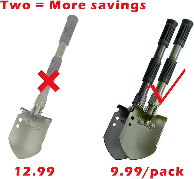 Folding Camping Shovel, Carbon Steel Multi-Tool Survival Shovel for Outdoor, Emergency, Hiking, Car Off-Road (2-Pack)