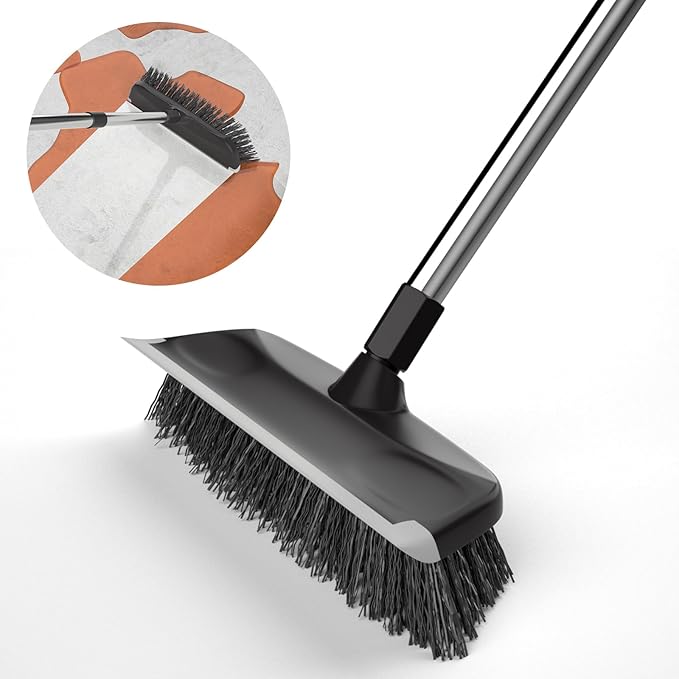 Floor Scrub Brush with Long Handle, Adjustable Stainless Steel Handle, Stiff Bristles & Rubber Squeegee Scraper, Heavy Duty Scrubber, Ideal for Cleaning Floor, Concrete, Deck, Hardwood, Patio, Tile