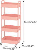 Sywhitta 4-Tier Plastic Rolling Utility Cart with Handle, Multi-Functional Storage Trolley for Office, Living Room, Kitchen, Movable Storage Organizer with Wheels, Pink