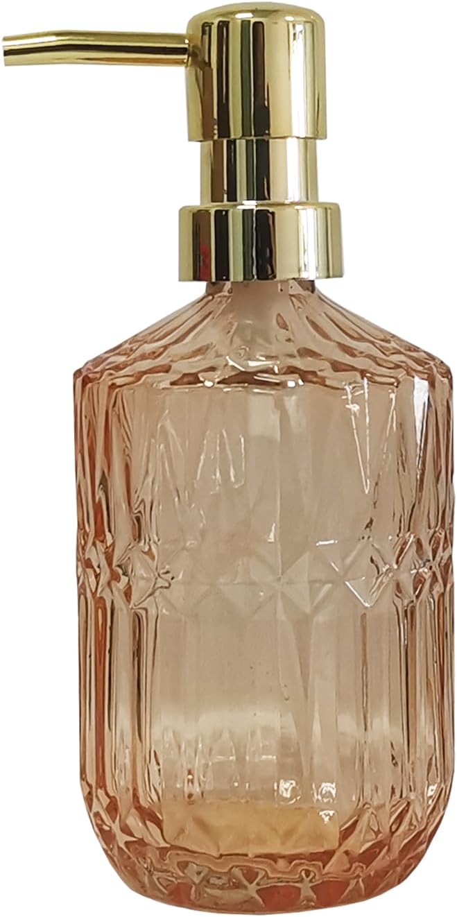 Glass Soap Dispenser with Gold Pump, 15oz Liquid Hand Dispenser, Refillable Lotion Dish Soap Dispenser for Modern Home Decor, Bathroom, Kitchen Countertop, Hotel(Amber)