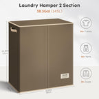 SOLEDI Large Double Laundry Hamper with Lid, Collapsible Clothes Hamper 2 section with Removable Bags, Space-Saving Laundry Basket for Bedroom, Dorm, College