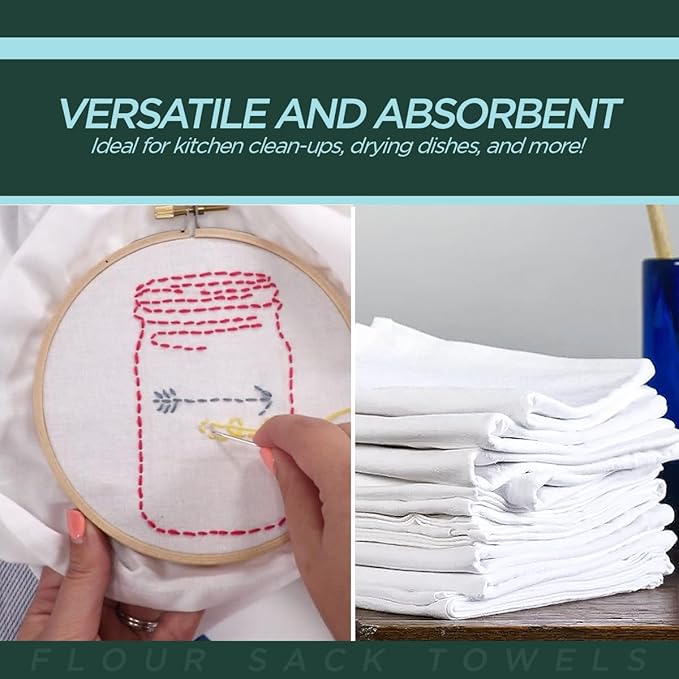 Flour Sack Kitchen Towels |Organic Cotton Blank Towel| Tea Towel Crafting Embroidery|Flat Thick Absorbent Quick Dry | Baking Bread Proofing Breathable Linen Cloth Cover Set of 10, 28 x 28 Inch, White