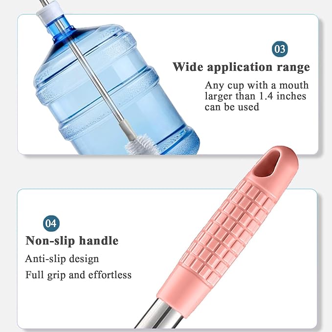 Stainless Steel Water Bucket Bottle Brush, Long Handle Scrubbing Brush, Bendable Brush Head Suitable for Cleaning 1 to 5 Gallon Buckets, 28 in (Pink)