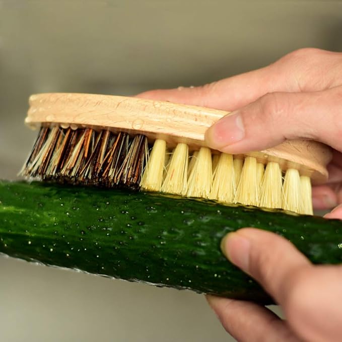 5 Pack Natural Bamboo Cleaning Brush Set, Pot Dish Scrub Brush with Handle and Flannel Bag Kitchen Brushes for Cast Iron Pots, Pans, Vegetable and Kitchen Cleaning