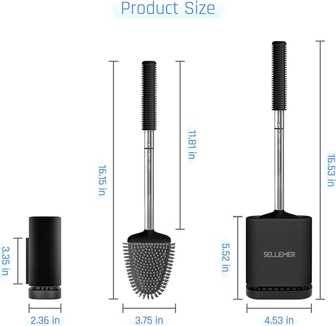 Sellemer Toilet Brush and Holder Set - Flexible Toilet Bowl Brush Head with Silicone Bristles, Compact Size for Storage and Organization, Ventilation Slots Base (1 Pack, Black)