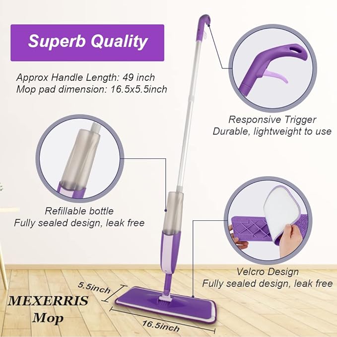 Spray Mops for Hardwood Floor Cleaning - MEXERRIS Microfiber Wood Floor Mop with 3 Reusable Washable Pads Refills Fit for Swiffer PowerMop,Spray Wet Jet Mops for Wood Laminate Ceramic Tiles