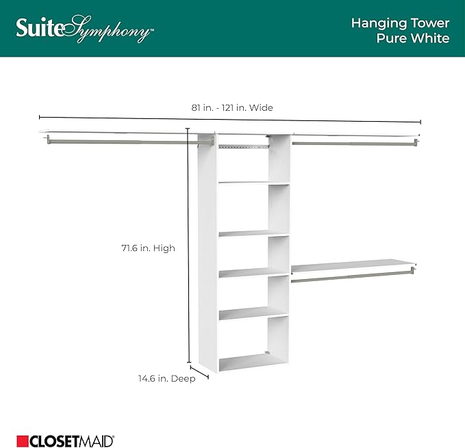 ClosetMaid SuiteSymphony Hanging Closet Kit Includes (1) Tower, (3) Closet Rods, (6) Shelves, and (3) Top Shelves w/Brackets, White