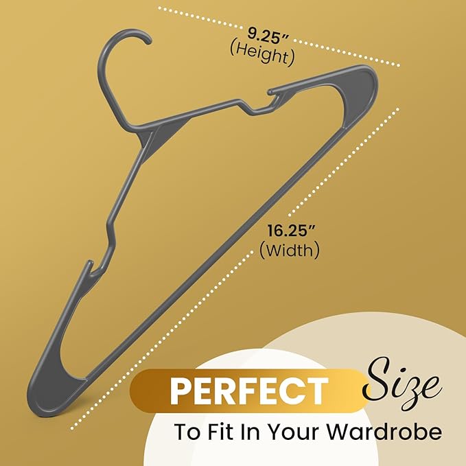 Our Modern Space 50 Pack Adult Plastic Hanger for Shirt Pants Coats Dresses Skirts Suits Jackets - Standard Thick Coat Hanger - Sturdy & Durable Design with Shoulder Grooves Hook - Grey