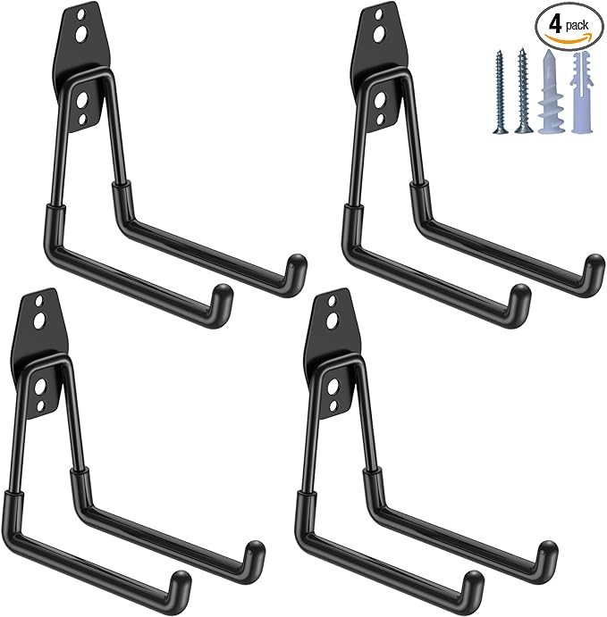 Heavy Duty Garage Hooks 4 Pack, 5.1 inch Medium U Shaped Hanger, Wall Mounted Storage System, Power and Garden Tool Organizer, for Hanging Ladders, Hose, Bulk Items and More