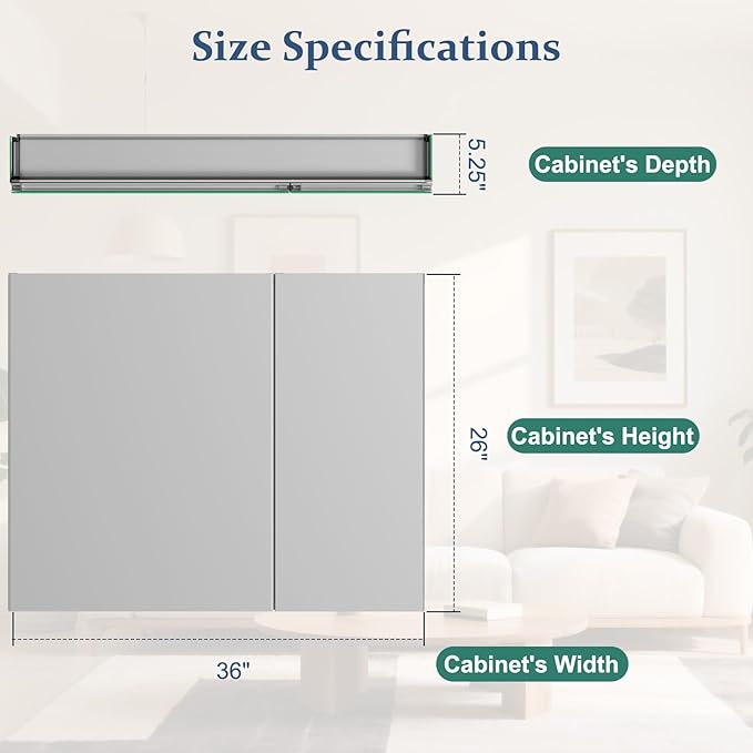 Bathroom Medicine Cabinet Mirror with Storage, 36 Inch x 26 Inch Silver Medicine Cabinet with Double Door & Adjustable Shelves for Vanity, Aluminum Surface, Wall-Mount or Recessed