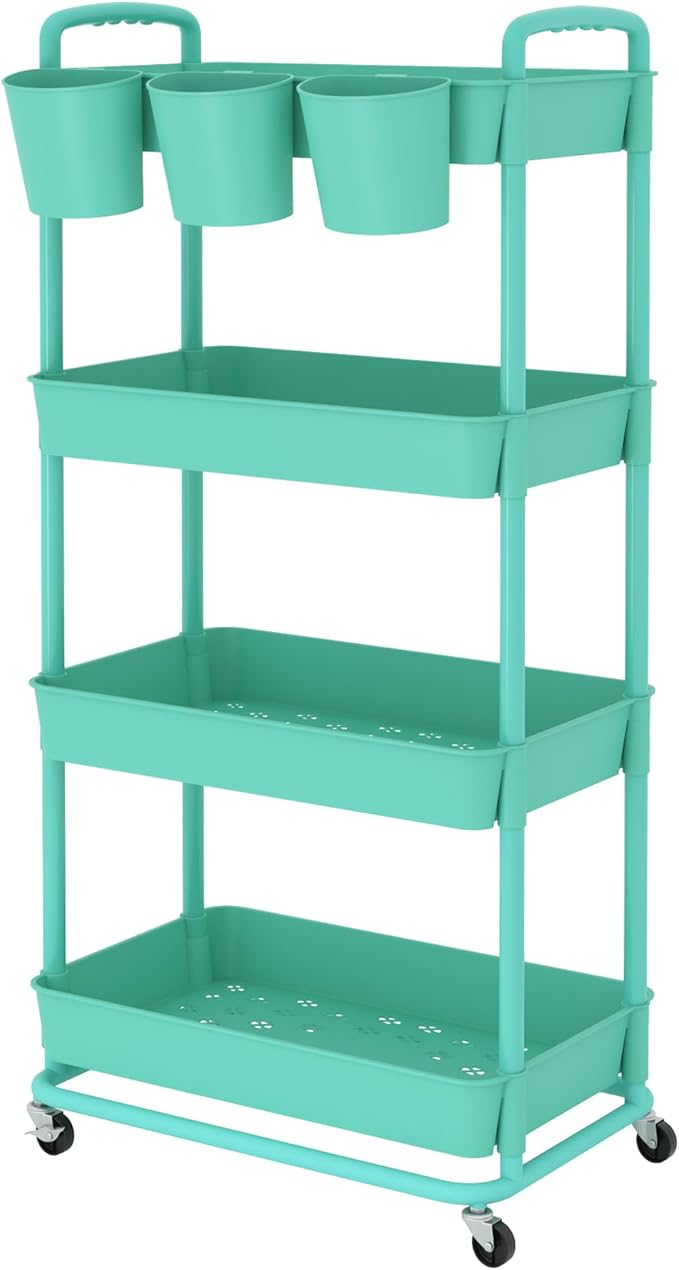 JIUYOTREE 4-Tier Plastic Rolling Storage Cart Utility Cart with Extra Hanging Cups Handles Lockable Wheels for Living Room Bathroom Kitchen Office Green