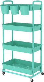 JIUYOTREE 4-Tier Plastic Rolling Storage Cart Utility Cart with Extra Hanging Cups Handles Lockable Wheels for Living Room Bathroom Kitchen Office Green