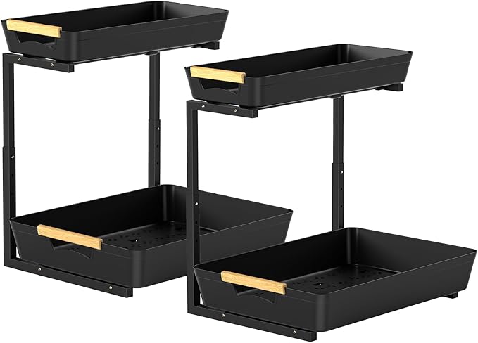 2 Pack Under Sink Organizer,2 Tier Pull Out Adjustable Height Under Cabinet Storage,Under Sink Storage for Kitchen Bathroom Cabinet