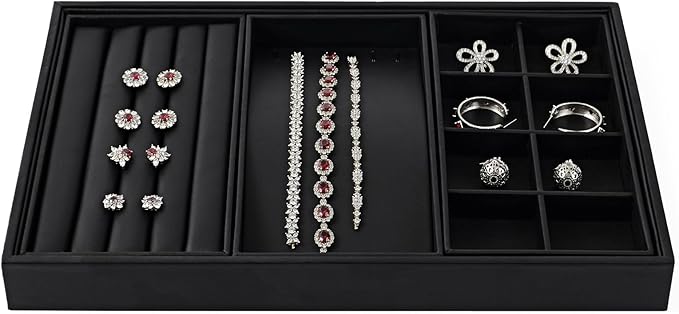 Oirlv 4 in 1 Black Premium Leather Multifunctional Jewelry Display Tray for Rings,Earrings and Bracelets Organizer and Storage