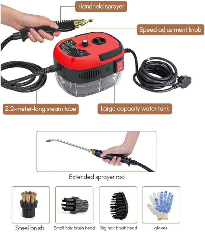 Irishom 2500W Portable Handheld Steam Cleaner High Temperature Pressurized Steam Cleaning Machine with Brush Heads and Gloves for Kitchen Furniture Bathroom Car