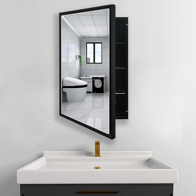 Bathroom Medicine Cabinet with Mirror, Recess or Surface Mount, Single Door Cabinet Famerhouse Bathroom Mirror with Storage Cabinet (Brush Black, 16"x26")