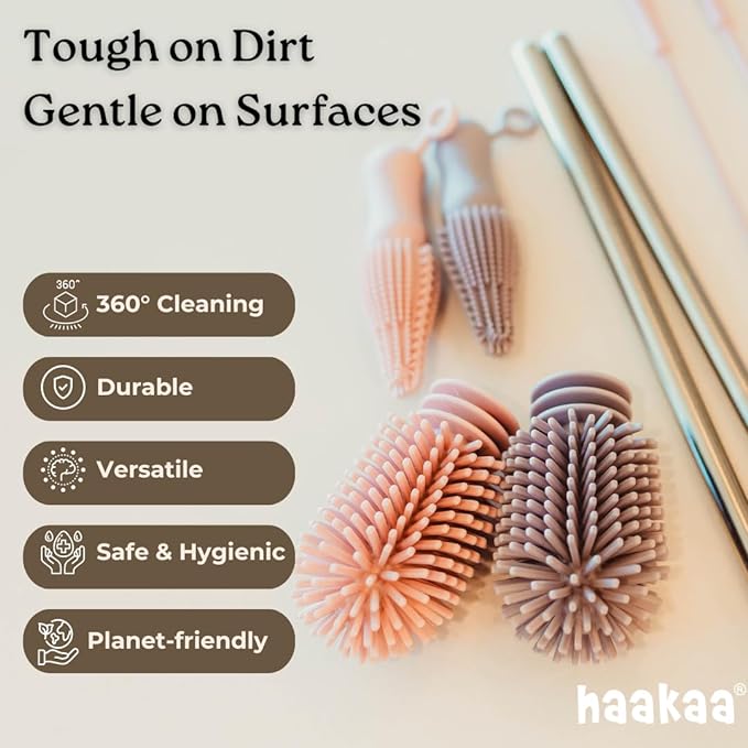 Haakaa Silicone Cleaning Brush Kit – Household Cleaning Brushes for Bottles and Crevices – Food-Grade Silicone: Dishwasher Safe (Kit-Blush)