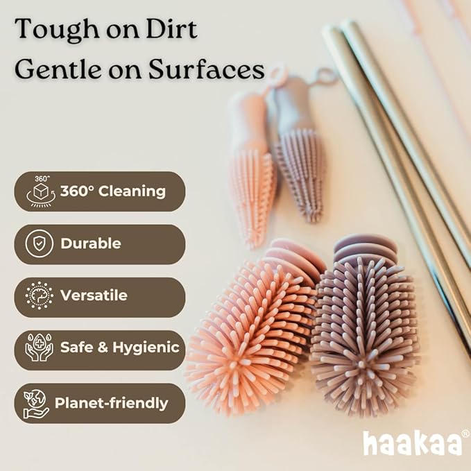Haakaa Silicone Cleaning Brush Kit – Household Cleaning Brushes for Bottles and Crevices – Food-Grade Silicone: Dishwasher Safe (Brush-Blush)