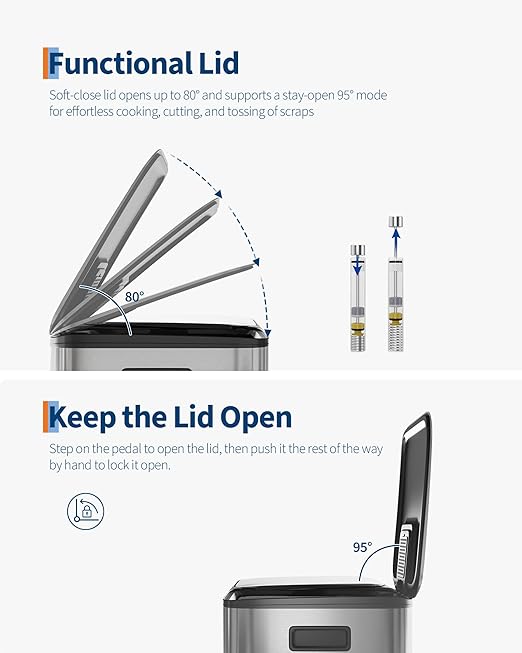 GarveeHome 2 x 10.6 gal Stainless Steel Double Trash Can with Lid for Kitchen, Large Dual Trash and Recycle Bin Combo, Step-on Kitchen Metal Garbage Cans, PP Inner Buckets, Liner Rim, Silver