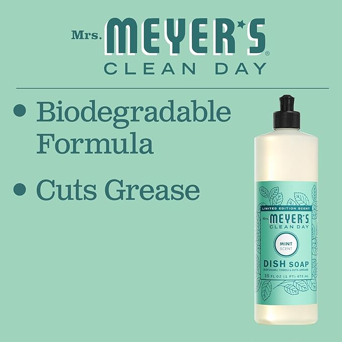 MRS. MEYER'S CLEAN DAY Liquid Dish Soap, Biodegradable Formula, Limited Edition Mint, 16 fl. oz - Pack of 3