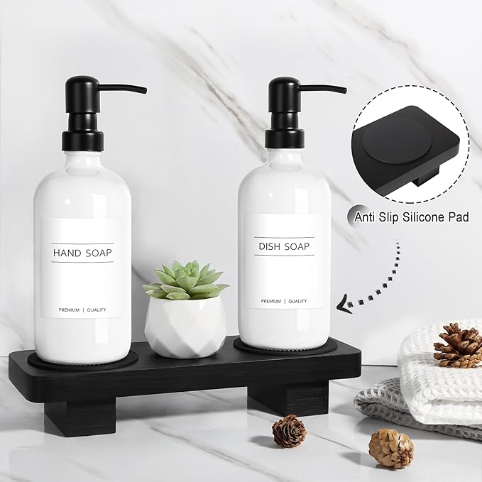 Hand Soap Dispenser for Kitchen, White Soap Dispensers with Stainless Steel Pump, Bathroom Soap Dispenser Set with Wood Riser Tray, Kitchen Dish Soap Dispensers Bathroom Decor(White)