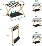 Smuxee Natural Bamboo Luggage Rack Pack of 2, Foldable Suitcase Stand with Storage Shelf, Easily Assembled Luggage Stand with 5 Nylon Straps for Guest Room Bedroom Hotel