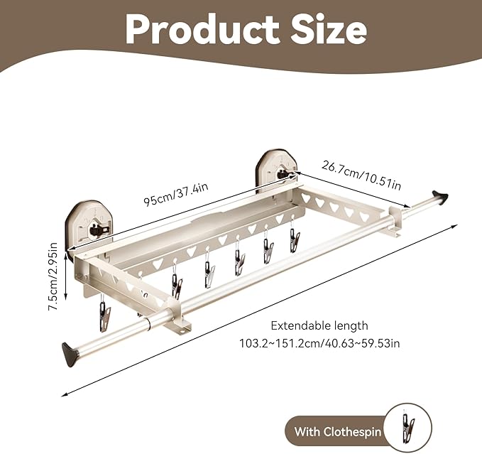 Extendable Clothing Dryer Rack, Invisible Folding Storage, Wall Mounted Drying Rack, Strong Suction Power, for Bed Linen, Clothing, Foldable Bathroom Wall Shelf (Milky White)