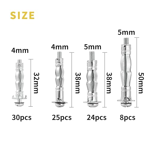 Hollow Wall Anchor Heavy Duty Zinc Plated Steel Bolt Hollow Drive Wall Anchor Screw Set for Drywall,Multiple Sizes Assortment Kit (4size88pcs)