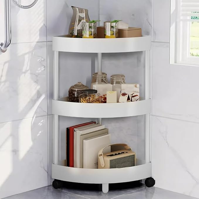 Rolling Cart with Wheels 3 Tier Bathroom Organizer Mobile Shelving Unit Utility Cart Tower Rack Multifunction Utility Storage carts, Kitchen Storage Organizer for Kitchen Laundry Narrow Places, White