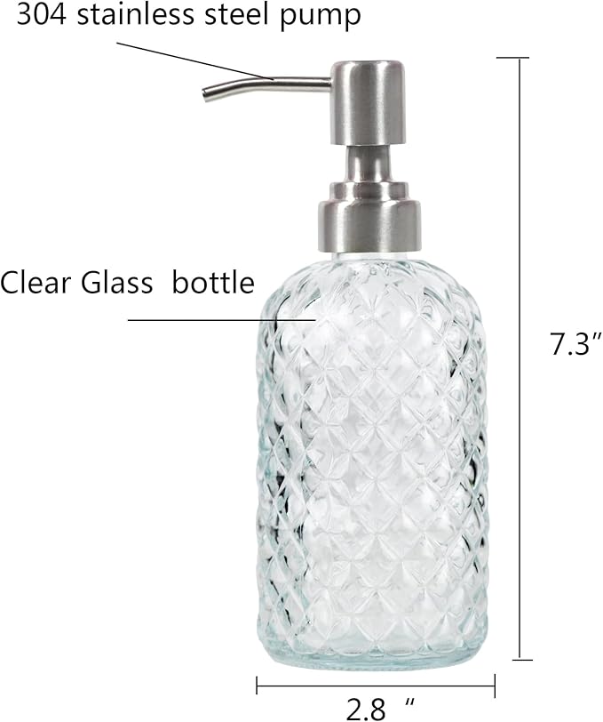 Bathroom & Kitchen Glass Hand and Dish Soap Dispenser with 304 Rustproof Stainless Steel Pump (Clear-2pack)