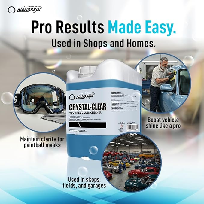 Nanoskin CRYSTAL-CLEAR VOC-Free Glass Cleaner 5 Gallon - Ultra-Concentrated, Eco-Friendly, Streak-Free Finish | Versatile Use for 40:1 Dilution | Perfectly Safe for Auto, Home, Garage & Beyond