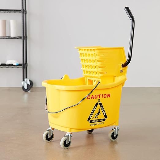 Amazon Basics Commercial Side Press Wringer Floor Cleaning Mop Bucket on Wheels, 35-Quart, Yellow