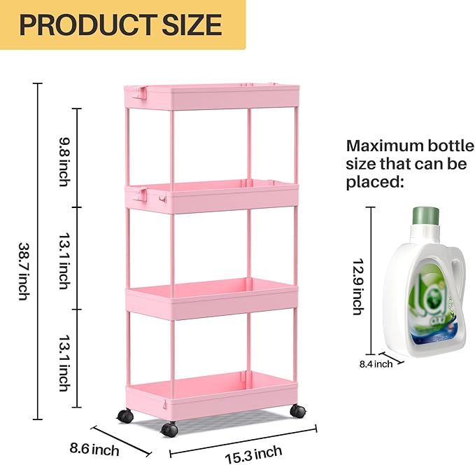 SPACEKEEPER Storage Cart 4-Tier, Bathroom Rolling Cart Utility Storage Organizer Shelf Mobile Shelving Unit for Kitchen Living Room Bathroom Laundry Room & Dressers, Pink