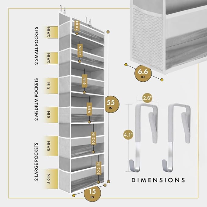 HOMELUX THEORY UPGRADED Over The Door Organizer Hanging - 100D EXTRA THICK & 50lbs HUGE CAPACITY 6 Large Front & 12 Side Pockets, Over The Door Shoe Organizer, Hanging Closet Organizer (LightGray 2pc)