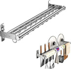 Hanging Wall Mount knife Wall Mount, Kitchen Organizer Storage Shelf for Utensils Spatula Spoon, Space-Saving Knife Rack with Hooks,Wall-Mounted Utensil Holder (Silver, 60CM+Three Poles+10Hooks)