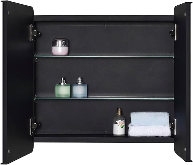 Black Bathroom Medicine Cabinet with Round Corner Framed Door and Beveled Edge Mirror 22 x 20 inch, Recessed or Surface Mount, with Adjustable Glass Shelves