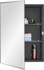 Black Bathroom Medicine Cabinet with Beveled Edge Mirrored Door 16 x 22 inch, Recessed or Surface Mount, with Adjustable Glass Shelves