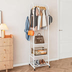 Clothes Rack With Wheels and 3-Tier Metal Shelves,Clothing Rack For Hanging Clothes With 4 Hooks,Garment Rack Wardrobe Organizer for Small Space,Black (white, 16.54 * 18.23 * 72.05)